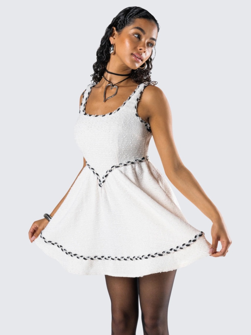 Finesse White Tweed Mini Dress with Black Braid Trim